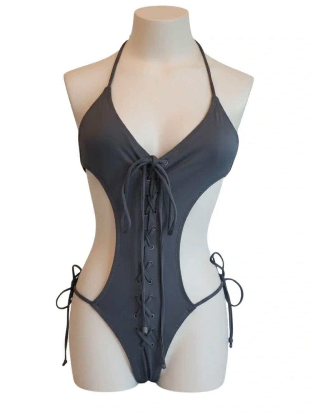 SKIMS Gunmetal Monokini Recycled Swim One Piece Lace Up Cutout High Cut